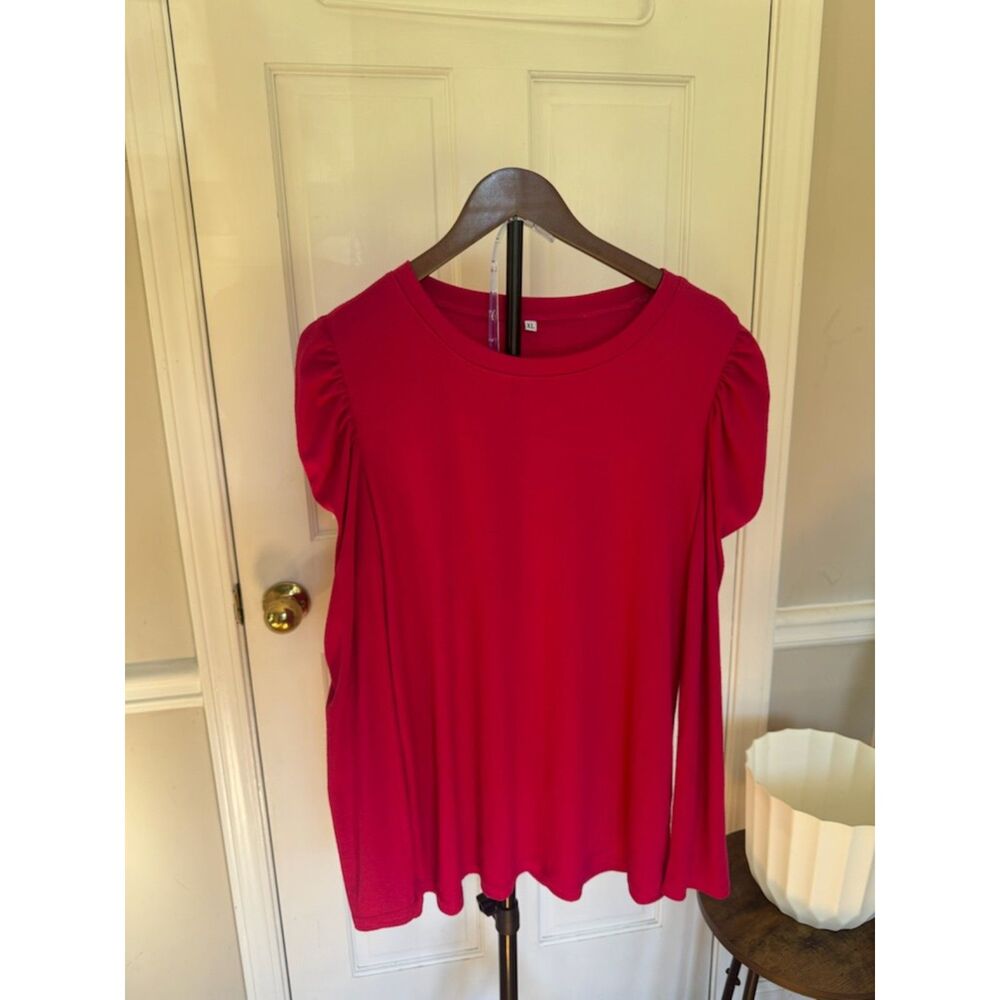 Women's XL Fuchsia Puff Sleeve Long Sleeve Top Crew Neck Casual Blouse